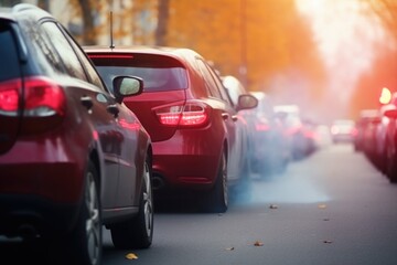 cars on the street waiting in line with exhaust smoke, in a traffic jam