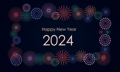Vector illustration with fireworks and balloons on a dark background, text 