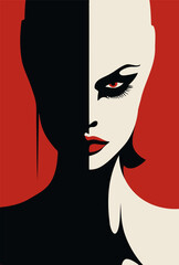 Fashion illustration of beautiful vampire girl with red lips and black hair. Vector illustration.