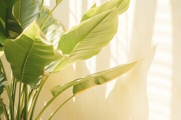 Green leaves banana tree, tropical plants decoration, air purifier, morning sun light, shadow, blank beige wall background. Generative AI