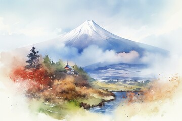 watercolor painting of Japan's Fuji mountain. Generative AI