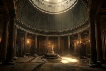 Old portrayal of Roman Pantheon inside during Victorian era. Generative AI