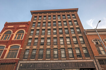 Historic facade in a brick high-rise building in downtown Butte, Montana, United States 