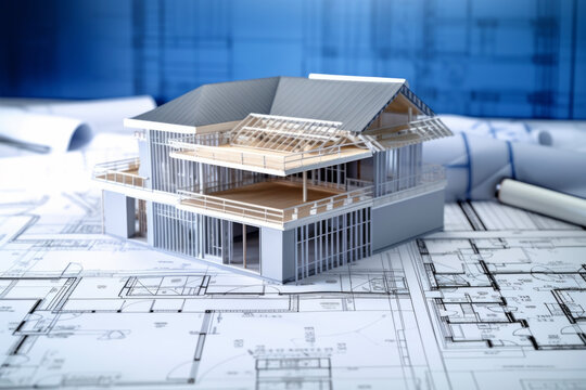 Close-up Of A Model Home And Blueprints For A Family To Purchase Their Dream New Home. Background Of House Construction Company For Building Houses. Success Or Hope Real Estate Concept.