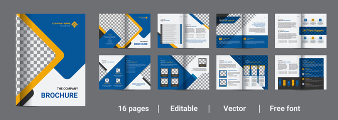 Blue brochure template layout design, 16 page professional business corporate brochure editable template layout, minimal business brochure template design.
