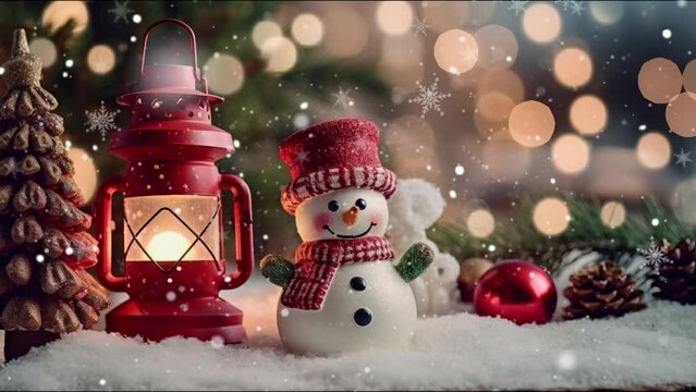 Funny Snowman Smiling on Snowfall Background. Beautiful 3d Cartoon Animation. Animated Greeting Card New Years Eve.