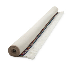Rolled carpet on white background. Interior element