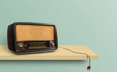 Antique radio unplugged on shelf with vintage background.