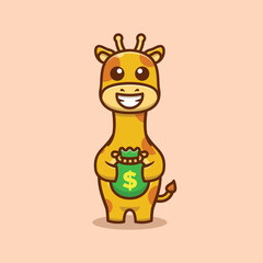 Cute Giraffe Holding Money Bag Character Cartoon Vector Illustration.