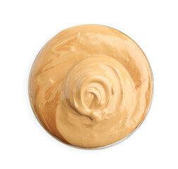 Glass of delicious dalgona coffee isolated on white, top view