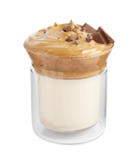 Glass of delicious dalgona coffee with chocolate isolated on white