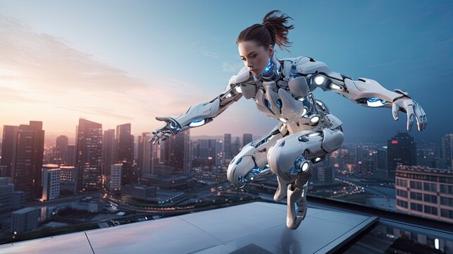 Model in a dynamic pose, simulating a robot in motion, set on a city rooftop with drones around