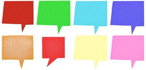 Set collection of blank colorful cut out paper cardboard speech bubbles of rectangular shape with copy space for text