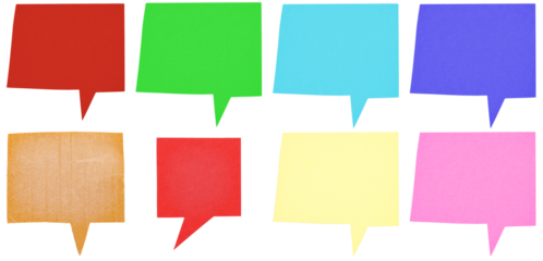 Set collection of blank colorful cut out paper cardboard speech bubbles of rectangular shape with copy space for text