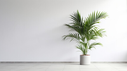 green palm plant in a white vase against a white wall