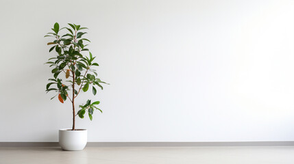 Green indoor plant in a white cylindrical pot against a white wall background