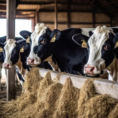 Portrait cows  stand in stall eating