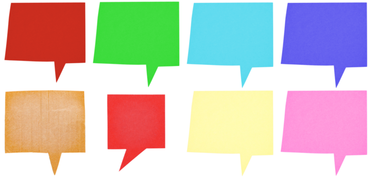 Set collection of blank colorful cut out paper cardboard speech bubbles of rectangular shape with copy space for text