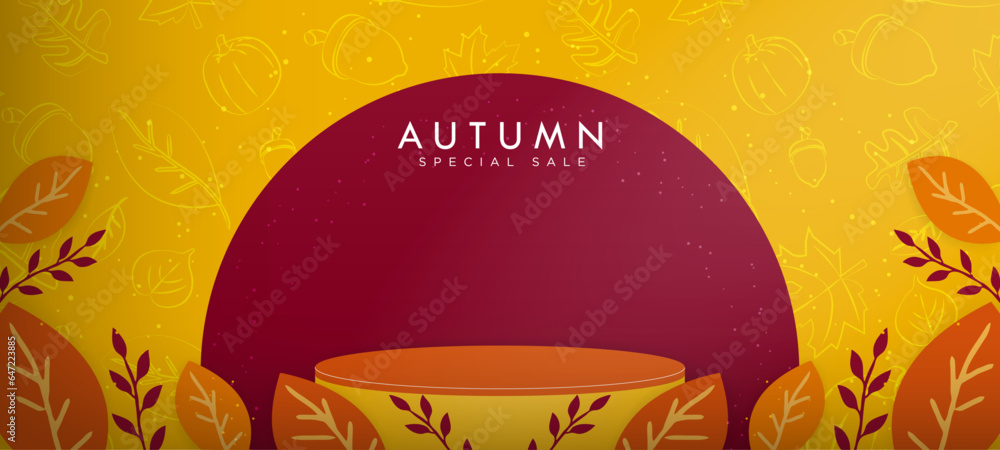 Poster 3d autumn background with cylinder base for product display mockups. frame of leaves on bottom and a
