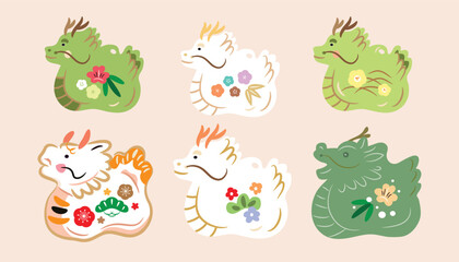 024 Japanese New Year icons  set - Daruma, Dragon, flower, bamboo tree, elements  traditional Japanese doll, Vector art illustration