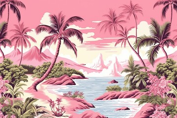 Classic Hawaiian fabric depicting tropical island scenes on a pink backdrop in a seamless repeating pattern. Generative AI - obrazy, fototapety, plakaty