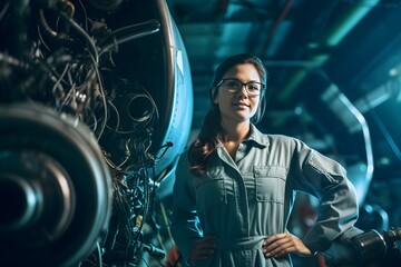 Proud aerospace engineer woman working on an aircraft, displaying expertise in technology and electronics.
