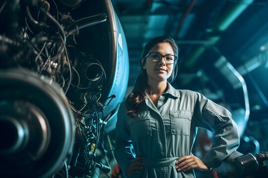 Proud aerospace engineer woman working on an aircraft, displaying expertise in technology and electronics.