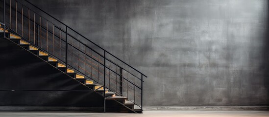 Black metal staircase railing made from expanded metal combined with a modern industrial loft style gray concrete wall and floor Inspiration for interior design and architecture