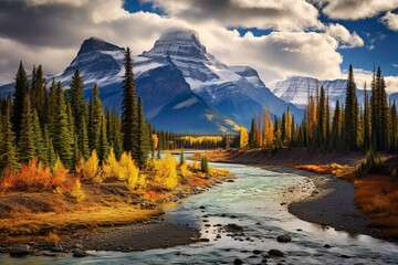 Stunning autumn view of the Canadian Rockies and Alberta prairie, with colorful mountains and foliage. Generative AI - obrazy, fototapety, plakaty