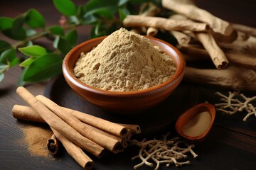 Ashwagandha is a traditional medicine found in stem and powder forms. Generative AI - obrazy, fototapety, plakaty