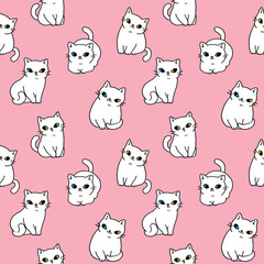 Seamless Pattern with Cartoon White Cat Design on Pink Background