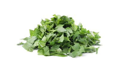 Heap of chopped parsley leaves isolated on white