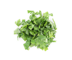 Heap of chopped parsley leaves isolated on white, top view