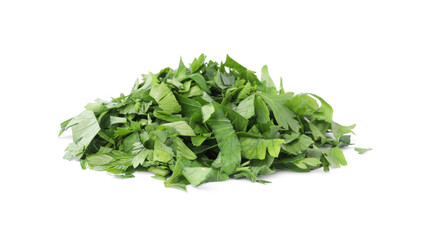 Heap of chopped parsley leaves isolated on white