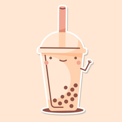 MILK TEA cup cute sticker beige background vector. BUBBLE TEA logo. Vector illustration