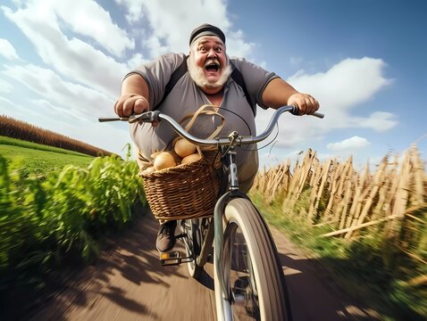 Funny picture of body positive, fat man riding fast on bike, he is happy and screaming. Generative Ai