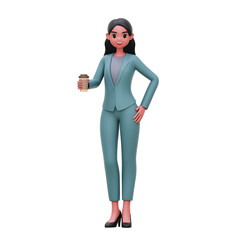 Business Woman Holding Coffee Cup 3D Render Transparent Illustration