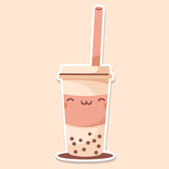 Obraz premium MILK TEA cup cute sticker beige background vector. BUBBLE TEA logo. Vector illustration