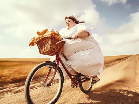 Funny picture of body positive, fat woman riding fast on bike, he is happy and screaming. Generative Ai.