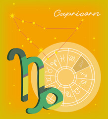 constellation of capricorn, zodiac sign, astrology. Modern design for website design, cards and calendars. Astrological circle and Capricorn symbol in natural land colors.