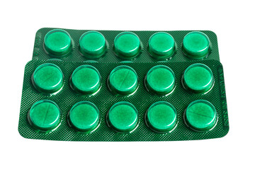Pills or tablets in green blister pack isolated on transparent background, healthcare and medicine...