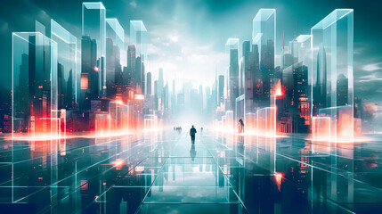 Future city with virtual structure and silhouette of a man on the street