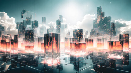 Future city with mirage clouds and reflection