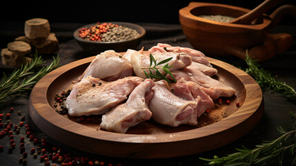 Raw turkey thigh in a spiced wooden dish ready to be served