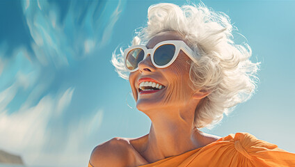 Radiant Elderly Lady Enjoying Sunshine on the Beach, Embracing Light Silver and Soft Orange Hues, Reflecting Refined Aesthetic Sensibilities and Youthful Vitality