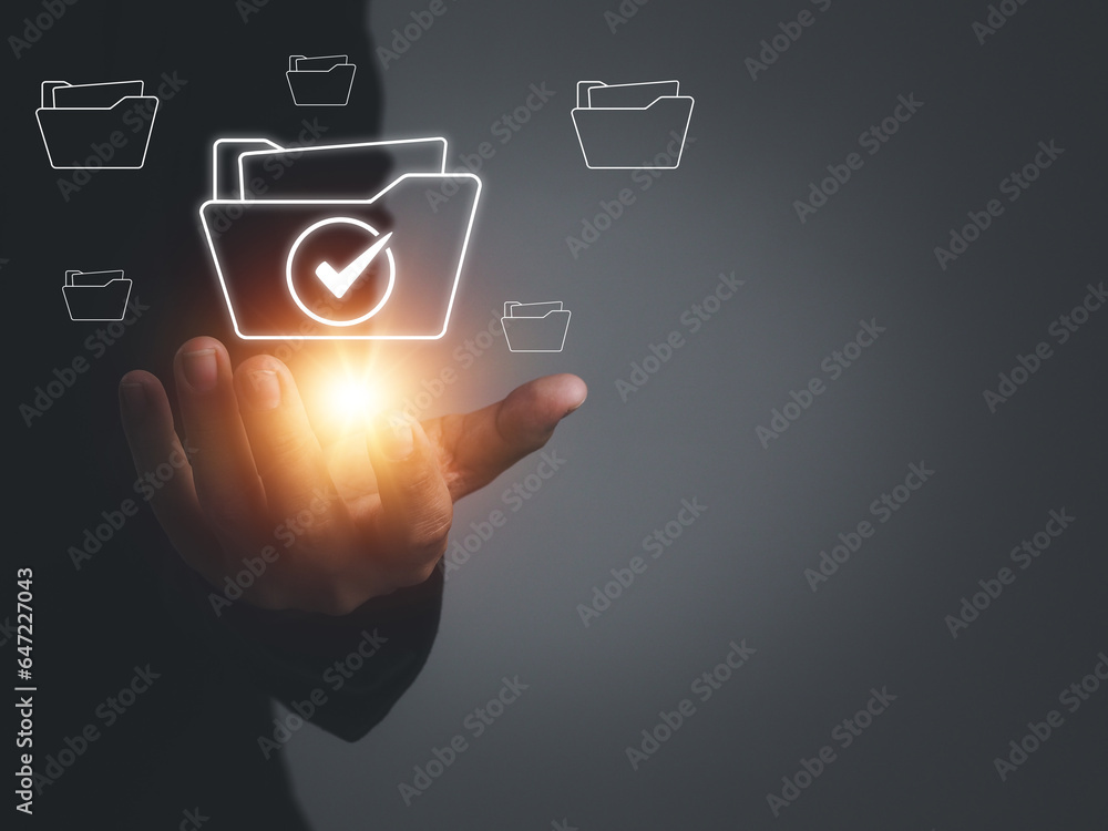 Poster check mark on folder, authentication, quality assurance standards that has been verified with correc