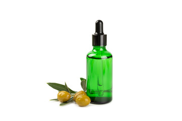 Olive essential oil. Glass bottle with olive oil isolated on a white background. Cosmetic oil.