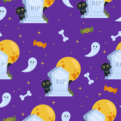 Seamless pattern. Happy Halloween! Black cat, candy, grave, gravestone, bone, ghost, full moon and stars. Vector graphic.
