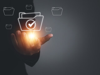 Check mark on folder, authentication, quality assurance standards that has been verified with...