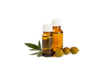 Olive essential oil. Glass bottle with olive oil isolated on a white background. Cosmetic oil.